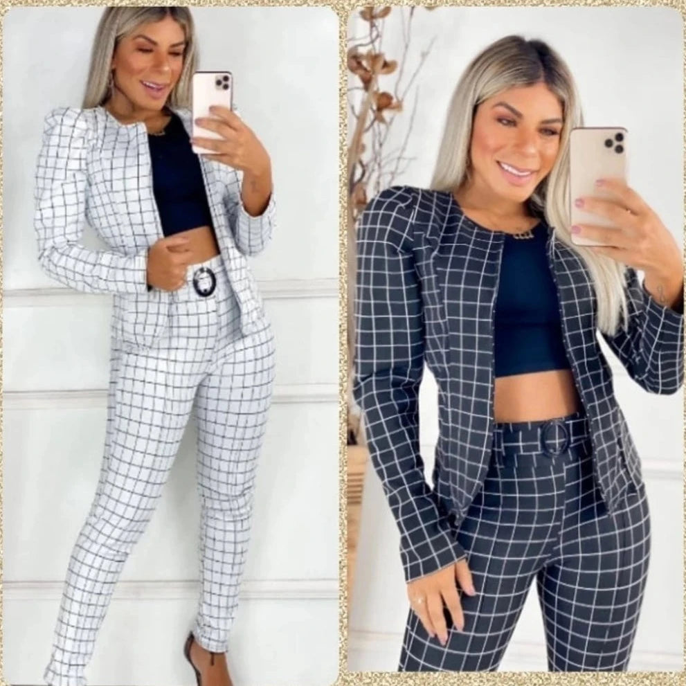 Conjunto Social Xadrez Calça e Blazer Feminino Malha Ponto Roma