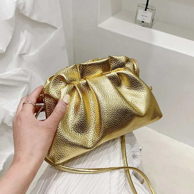 Bolsa de Nuvem Dourado - Bolsa Hobo de Couro Retro para Mulheres