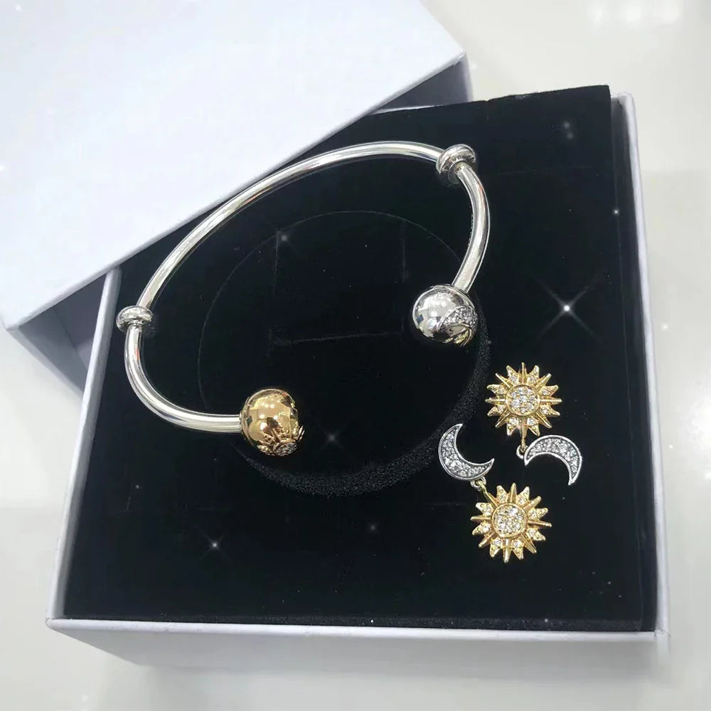 Pulseiras de Punho de Prata 925 com Motivos de Sol e Lua