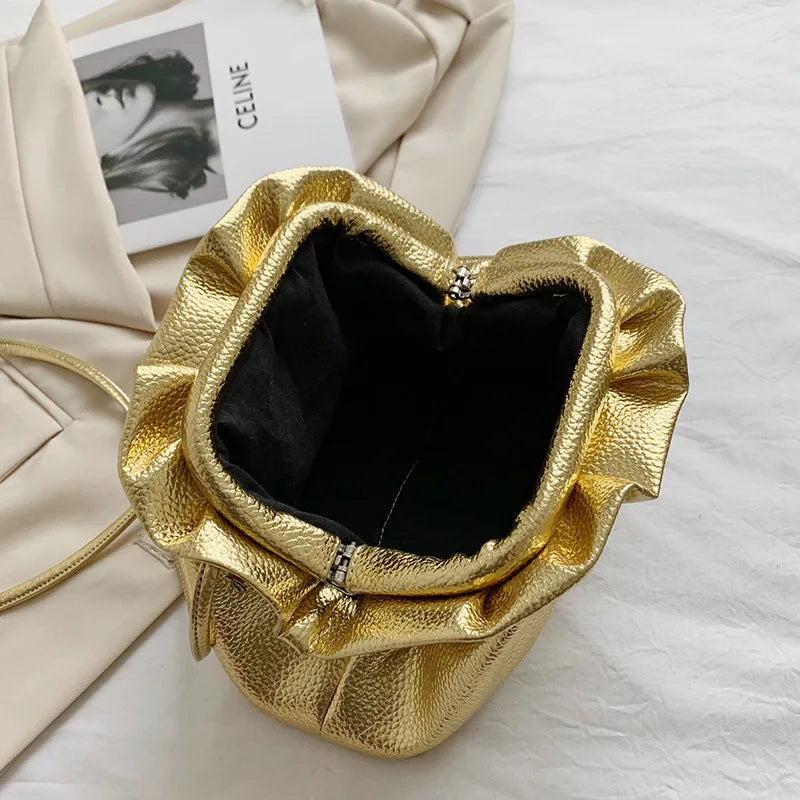 Bolsa de Nuvem Dourado - Bolsa Hobo de Couro Retro para Mulheres