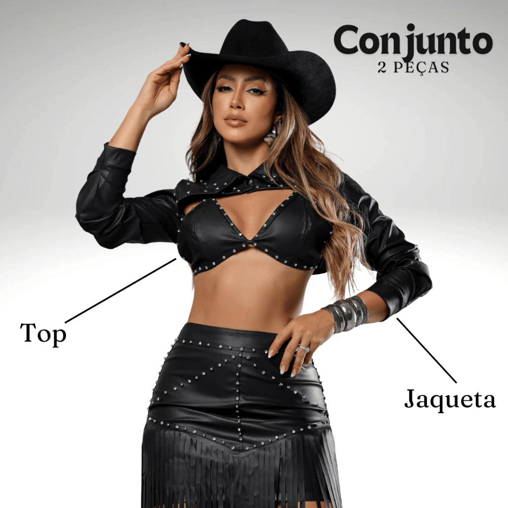 Conjunto Couro Cropped e Jaqueta Com Strass Lorena