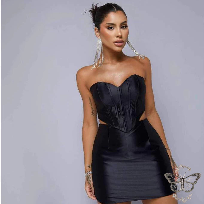 Conjunto Corselet e Short Saia com Zíper e Tecido Acetinado